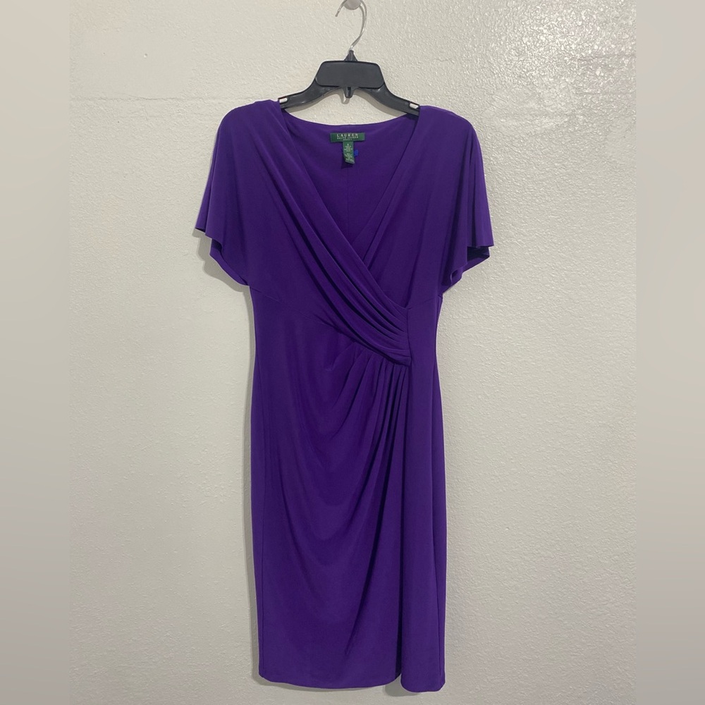 Ralph Lauren Purple Ruched Sheath Dress V-Neck Flutter Sleeves